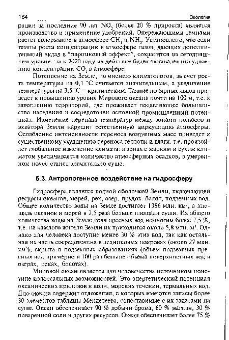 Гидросфера является водной оболочкой Земли, включающей ресурсы океанов, морей, рек, озер, прудов, болот, подземных вод. Общее количество воды на Земле достигает 1386 млн. км3, а площадь океанов и морей в 2,5 раза больше площади суши. Из общего количества воды на Земле доля пресных вод немногим более 2,5 %, т.е. на каждого жителя Земли их приходится около 5,8 млн. м3. Однако для человека доступно менее 30 % этих вод, так как остальная их часть сосредоточена в ледниковых покровах (около 27 млн. км3), скрыта в подземных образованиях (объем подземных пресных вод примерно в 100 раз больше объема поверхностных вод в озерах, реках, болотах).