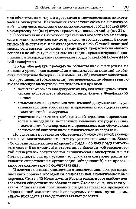 Имеются основания усомниться в конституционности регистрационного порядка проведения общественной экологической экспертизы. Статья 30 Конституции России гарантирует свободу деятельности общественных объединений. Это означает, что если уставом общественной организации предусматривается проведение общественной экологической экспертизы, то такая организация вправе проводить ее без дополнительных условий.