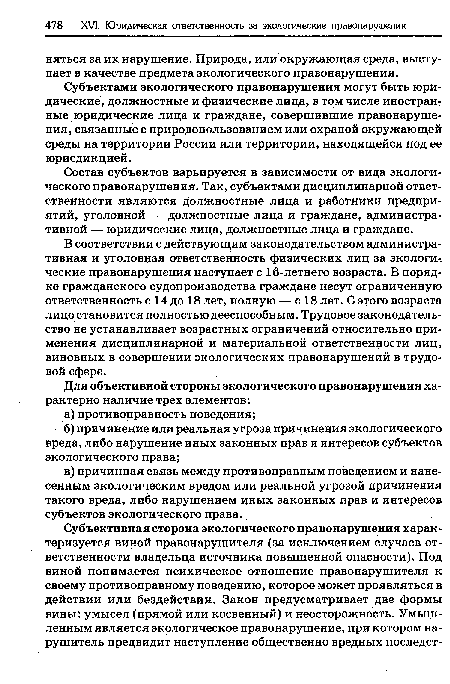 В соответствии с действующим законодательством административная и уголовная ответственность физических лиц за экологи ческие правонарушения наступает с 16-летнего возраста. В порядке гражданского судопроизводства граждане несут ограниченную ответственность с 14 до 18 лет, полную — с 18 лет. С этого возраста лицо становится полностью дееспособным. Трудовое законодательство не устанавливает возрастных ограничений относительно применения дисциплинарной и материальной ответственности лиц, виновных в совершении экологических правонарушений в трудовой сфере.