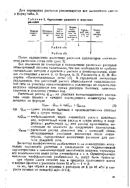 Все сказанное не относится к определению расчетных расходов общесплавной системы канализади, так как особенности ее требуют специальных методов и приемов в расчете и проектировании, хорошо изложенных в книге Б. О. Ботука, Б. Н. Ржевского и Н. Ф. Федорова «Канализационные сети» [3]. В справочной литературе указывается, что расчетный расход общесплавной канализационной сети на участках канализационного коллектора до первого ливнеспуска определяются как сумма расходов бытовых, производственных и дождевых сточных вод.