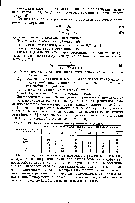 На основании расчетов, выполненных по формуле (191), можно определить величину выноса взвешенных веществ из вторичных отстойников [8] в зависимости от продолжительности отстаивания и БПКполн очищенной сточной воды (табл. 19).