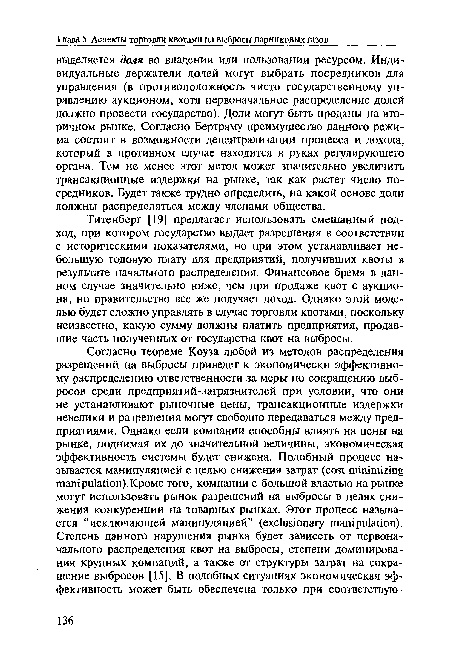 Титенберг [19] предлагает использовать смешанный подход, при котором государство выдает разрешения в соответствии с историческими показателями, но при этом устанавливает небольшую годовую плату для предприятий, получивших квоты в результате начального распределения. Финансовое бремя в данном случае значительно ниже, чем при продаже квот с аукциона, но правительство все же получает доход. Однако этой моделью будет сложно управлять в случае торговли квотами, поскольку неизвестно, какую сумму должны платить предприятия, продавшие часть полученных от государства квот на выбросы.