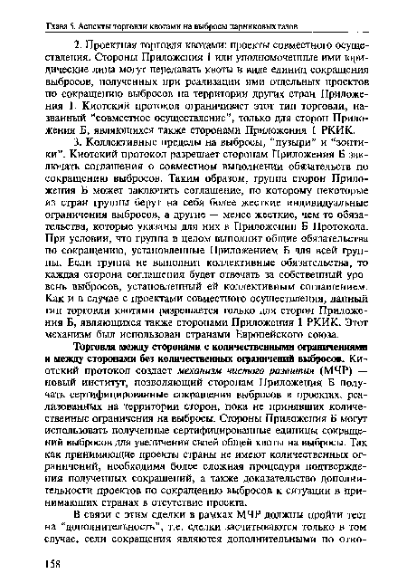 Торговля между сторонами с количественными ограничениями и между сторонами без количественных ограничений выбросов. Киотский протокол создает механизм чистого развития (МЧР) — новый институт, позволяющий сторонам Приложения Б получать сертифицированные сокращения выбросов в проектах, реализованных на территории сторон, пока не принявших количественные ограничения на выбросы. Стороны Приложения Б могут использовать полученные сертифицированные единицы сокращений выбросов для увеличения своей общей квоты на выбросы. Так как принимающие проекты страны не имеют количественных ограничений, необходима более сложная процедура подтверждения полученных сокращений, а также доказательство дополнительности проектов по сокращению выбросов к ситуации в принимающих странах в отсутствие проекта.