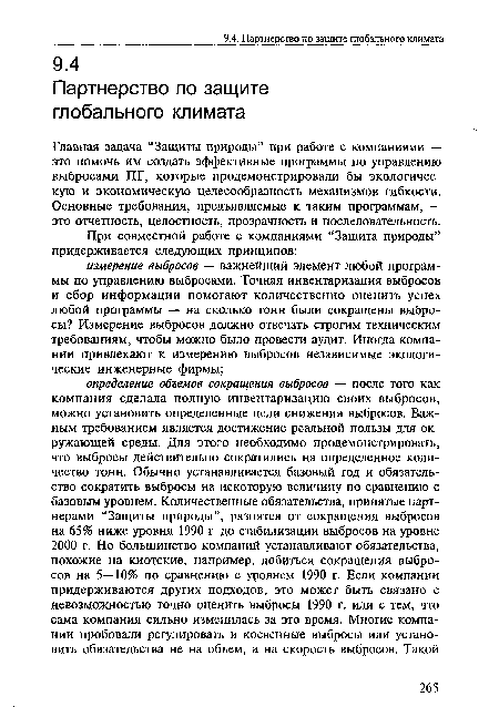 Главная задача “Защиты природы” при работе с компаниями — это помочь им создать эффективные программы по управлению выбросами ПГ, которые продемонстрировали бы экологическую и экономическую целесообразность механизмов гибкости. Основные требования, предъявляемые к таким программам, — это отчетность, целостность, прозрачность и последовательность.