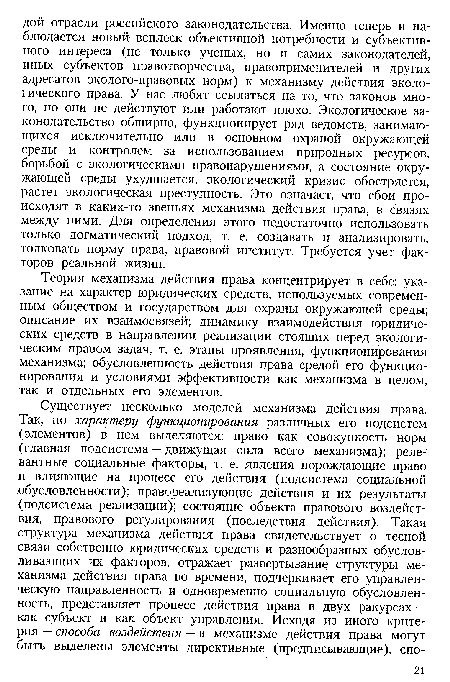 Теория механизма действия права концентрирует в себе: указание на характер юридических средств, используемых современным обществом и государством для охраны окружающей среды; описание их взаимосвязей; динамику взаимодействия юридических средств в направлении реализации стоящих перед экологическим правом задач, т. е. этапы проявления, функционирования механизма; обусловленность действия права средой его функционирования и условиями эффективности как механизма в целом, так и отдельных его элементов.