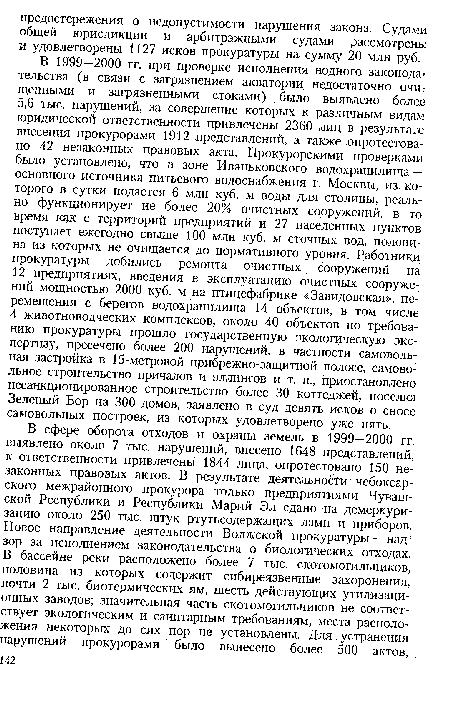 В 1999—2000 гг. при проверке исполнения водного законодательства (в связи с загрязнением акватории недостаточно очищенными и загрязненными стоками) было выявлено более 5,6 тыс. нарушений, за совершение которых к различным видам юридической ответственности привлечены 2360 лиц в результате внесения прокурорами 1912 представлений, а также опротестовано 42 незаконных правовых акта. Прокурорскими проверками было установлено, что в зоне Иваньковского водохранилища — основного источника питьевого водоснабжения г. Москвы, из которого в сутки подается 6 млн куб. м воды для столицы, реально функционирует не более 20% очистных сооружений, в то время как с территорий предприятий и 27 населенных пунктов поступает ежегодно свыше 100 млн куб. м сточных вод, половина из которых не очищается до нормативного уровня. Работники прокуратуры добились ремонта очистных сооружений на 12 предприятиях, введения в эксплуатацию очистных сооружений мощностью 2000 куб. м на птицефабрике «Завидовская», перемещения с берегов водохранилища 14 объектов, в том числе 4 животноводческих комплексов, около 40 объектов по требованию прокуратуры прошло государственную экологическую экспертизу, пресечено более 200 нарушений, в частности самовольная застройка в 15-метровой прибрежно-защитной полосе, самовольное строительство причалов и эллингов и т. п., приостановлено несанкционированное строительство более 30 коттеджей, поселка Зеленый Бор на 300 домов, заявлено в суд девять исков о сносе самовольных построек, из которых удовлетворено уже пять.