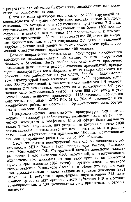 В эти же годы прокуроры выявили: более 2300 нарушений законодательства об охране атмосферного воздуха, внесли 574 представления, по которым к ответственности привлечены 712 лиц, опротестовано 83 незаконных правовых акта; более 1500 лесона-рушений, в связи с чем внесено 373 представления, к ответственности привлечены 360 лиц, опротестовано 56 актов по вопросам лесопользования, в суды направлено 241 дело о незаконной порубке, причинившей ущерб на сумму более 8 млн руб., к уголовной ответственности привлечены 400 человек.