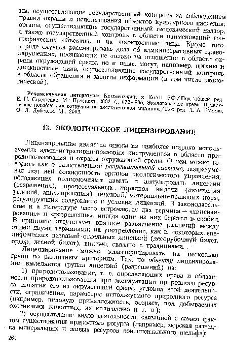 Рекомендуемая литература: Комментарий к КоАП РФ / Под общей ред. Е. Н. Сидоренко. М.: Проспект, 2002. С. 672—886; Экологическое право: Практическое пособие для сотрудников экологической милиции / Под ред. Л. А. Бочина, О. Л. Дубовик. М., 2003.