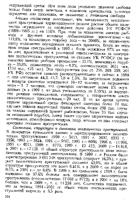 Анализ статистики показывает, что наказуемость экологических преступлений характеризуется резким ростом общего количества осужденных за последние годы действия УК РСФСР (1990—1995 гг.) на 116%. При этом за незаконное занятие рыбным и другими водными добывающими промыслами — на 112,8%, за незаконную порубку леса —на 2060%, за незаконную охоту количество осужденных осталось прежним. Всего по этим трем видам преступлений в 1995 г. были осуждены 97% из числа лиц, привлеченных к уголовной ответственности за совершение экологических преступлений по статьям УК РСФСР (за незаконное занятие рыбным промыслом — 55,1%, незаконную порубку — 33,8%, незаконную охоту — 8,2%, соответственно 2651 чел., 1750 чел., 423 чел). Эти преступления (по ст. 256, 260, 258, 261 УК РФ) остаются самыми распространенными и сейчас: в 1999 г. они составили 44,2; 45,7; 7,8 и 1,5%. За загрязнение водоемов и воздуха ежегодно осуждаются 10—12 человек, за загрязнение моря —3—7 человек, что суммарно составляет менее 1% осужденных (а в 1999 г. их доля уменьшилась до 0,19%), за нарушение режима заповедников, сопряженное с совершением иного экологического преступления,— 20 чел. В то же время органы охраны окружающей среды фиксируют ежегодно более 70 тыс. случаев тяжких нарушений правил охоты, более 250 тыс. случаев тяжких нарушений правил рыболовства, более 25 тыс. случаев незаконной порубки, сотни тысяч случаев загрязнения водных источников, атмосферного воздуха, недр, многие из них содержат признаки составов преступления.