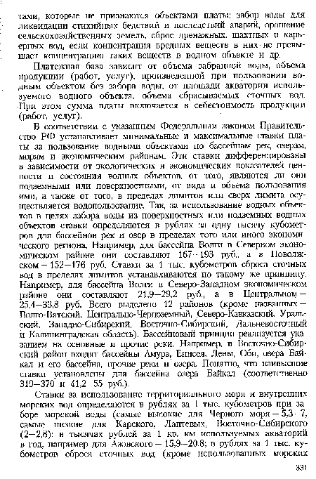 Платежная база зависит от объема забранной воды, объема продукции (работ, услуг), произведенной при пользовании водным объектом без забора воды, от площади акватории используемого водного объекта, объема сбрасываемых сточных вод. При этом сумма платы включается в себестоимость продукции (работ, услуг).