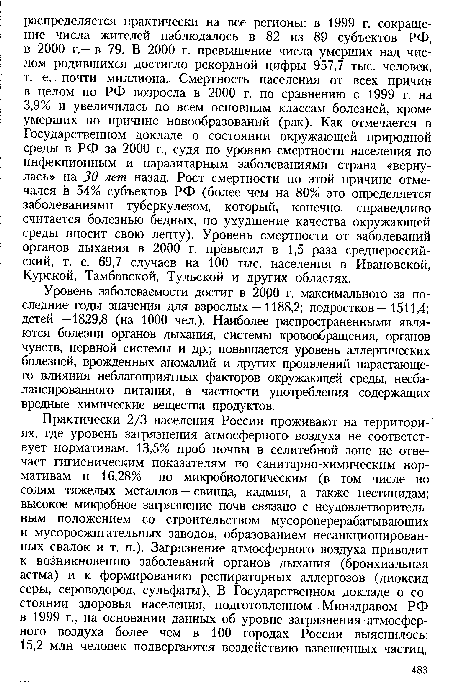 Уровень заболеваемости достиг в 2000 г. максимального за последние годы значения для взрослых — 1188,2; подростков — 1511,4; детей —1829,8 (на 1000 чел.). Наиболее распространенными являются болезни органов дыхания, системы кровообращения, органов чувств, нервной системы и др.; повышается уровень аллергических болезней, врожденных аномалий и других проявлений нарастающего влияния неблагоприятных факторов окружающей среды, несбалансированного питания, в частности употребления содержащих вредные химические вещества продуктов.