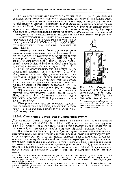 Общий вид камерной цилиндрической вертикальной печи (конструкции ВНИИТ) для сжигания сточных вод