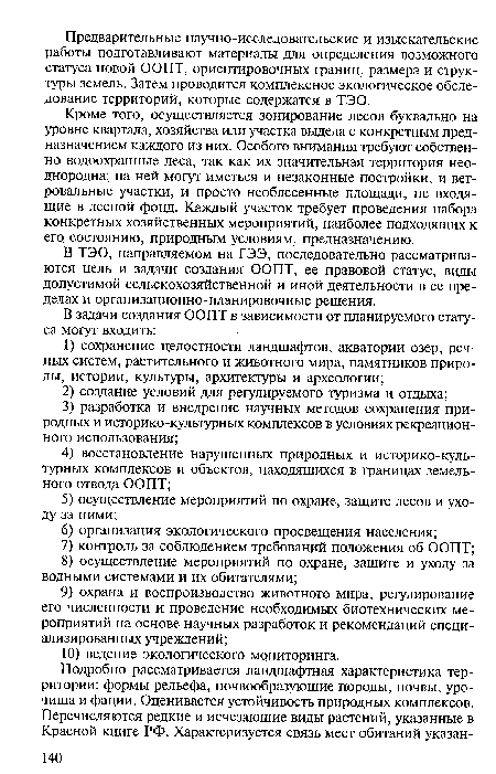 В ТЭО, направляемом на ГЭЭ, последовательно рассматриваются цель и задачи создания ООПТ, ее правовой статус, виды допустимой сельскохозяйственной и иной деятельности в ее пределах и организационно-планировочные решения.