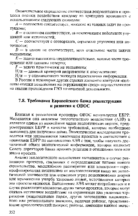 Близкая к российской процедура ОВОС используется ЕБРР. Называется она анализом экологического воздействия (АЭВ) и является одним из важнейших видов экологических оценок, предусмотренных ЕБРР в качестве требований, которые необходимо выполнять для получения займа. Экологические исследования проводятся или заказываются заказчиком проектов в соответствии с правилами ЕБРР по выполнению АЭВ с тем, чтобы получить достаточный объем экологической информации, которая позволит Совету директоров банка принять решение в отношении того или иного проекта.