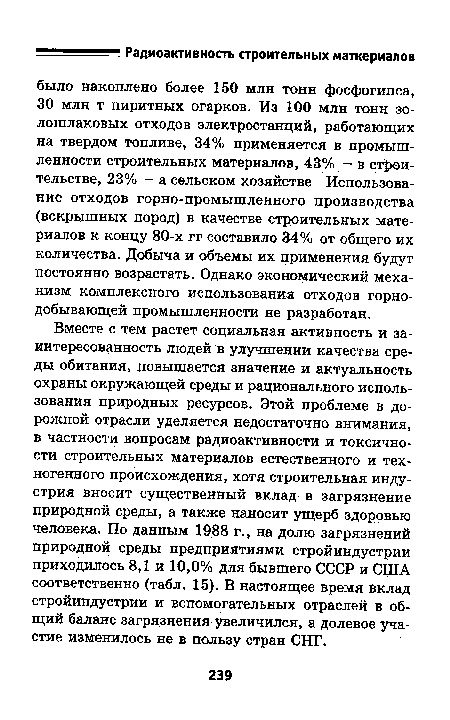 Вместе с тем растет социальная активность и заинтересованность людей в улучшении качества среды обитания, повышается значение и актуальность охраны окружающей среды и рационального использования природных ресурсов. Этой проблеме в дорожной отрасли уделяется недостаточно внимания, в частности вопросам радиоактивности и токсичности строительных материалов естественного и техногенного происхождения, хотя строительная индустрия вносит существенный вклад в загрязнение природной среды, а также наносит ущерб здоровью человека. По данным 1988 г., на долю загрязнений природной среды предприятиями стройиндустрии приходилось 8,1 и 10,0% для бывшего СССР и США соответственно (табл. 15). В настоящее время вклад стройиндустрии и вспомогательных отраслей в общий баланс загрязнения увеличился, а долевое участие изменилось не в пользу стран СНГ.