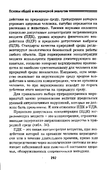 Предельно допустимая концентрация (ПДК) загрязняющих веществ - это концентрация, ограничивающая содержание загрязняющего вещества в природной среде (табл. 34).