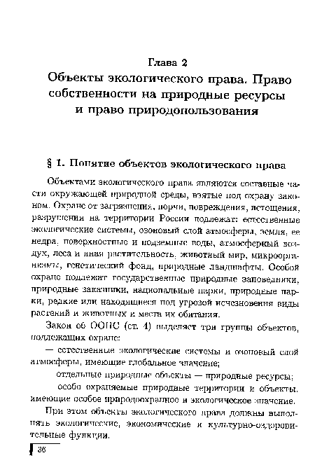 Объектами экологического права являются составные части окружающей природной среды, взятые под охрану законом. Охране от загрязнения, порчи, повреждения, истощения, разрушения на территории России подлежат: естественные экологические системы, озоновый слой атмосферы, земля, ее недра, поверхностные и подземные воды, атмосферный воздух, леса и иная растительность, животный мир, микроорганизмы, генетический фонд, природные ландшафты. Особой охране подлежат государственные природные заповедники, природные заказники, национальные парки, природные парки, редкие или находящиеся под угрозой исчезновения виды растений и животных и места их обитания.