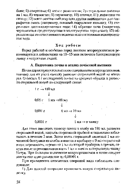 Для этого высыпать навеску почвы в колбу на 100 мл, развести стерильной водой, закрыть стерильной пробкой и тщательно взбалтывать в течение 5 мин. Затем взять стерильной пипеткой 1 мл почвенной болтушки из колбы и внести в пробирку с 9 мл стерильной воды; перемешать, перенести 1 мл из второй пробирки в третью, откуда после перемешивания взять 1 мл и внести в стерильную чашку Петри. При большом количестве микроорганизмов в почве следует ввести еще одно разведение до 0,00001 г.