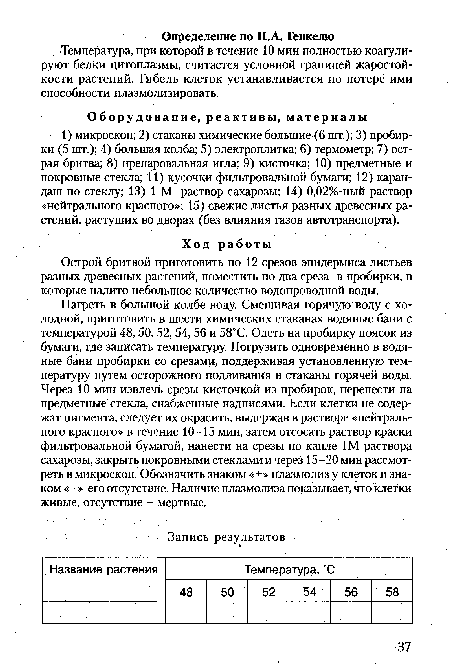 Нагреть в большой колбе воду. Смешивая горячую воду с холодной, приготовить в шести химических стаканах водяные бани с температурой 48, 50, 52, 54, 56 и 58°С. Одеть на пробирку поясок из бумаги, где записать температуру. Погрузить одновременно в водяные бани пробирки со срезами, поддерживая установленную температуру путем осторожного подливания в стаканы горячей воды. Через 10 мин извлечь срезы кисточкой из пробирок, перенести на предметные стекла, снабженные надписями. Если клетки не содержат пигмента, следует их окрасить, выдержав в растворе «нейтрального красного» в течение 10-15 мин, затем отсосать раствор краски фильтровальной бумагой, нанести на срезы по капле 1М раствора сахарозы, закрыть покровными стеклами и через 15-20 мин рассмотреть в микроскоп. Обозначить знаком «+» плазмолиз у клеток и знаком «-» его отсутствие. Наличие плазмолиза показывает, что клетки живые, отсутствие - мертвые.