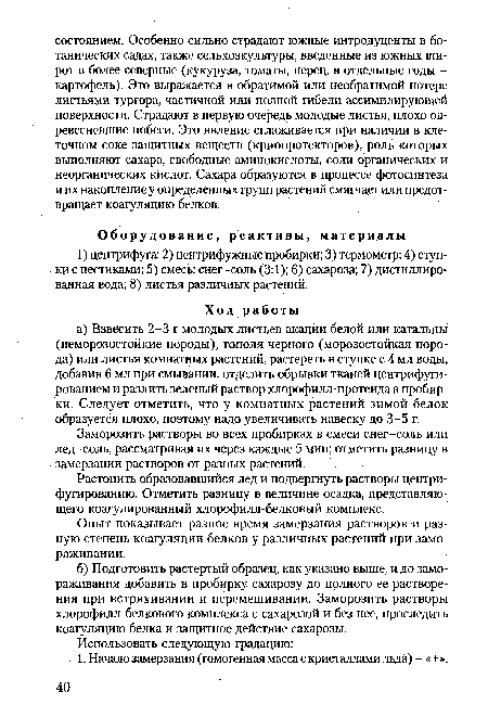 Опыт показывает разное время замерзания растворов и разную степень коагуляции белков у различных растений при замораживании.