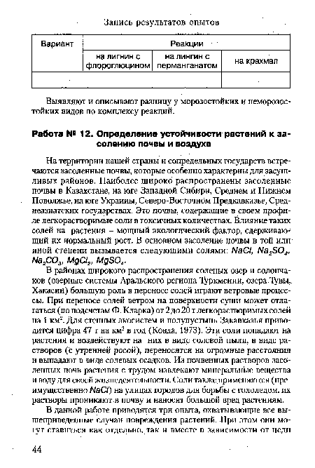 В районах широкого распространения соленых озер и солончаков (озерные системы Аральского региона Туркмении, озера Тувы, Хакасии) большую роль в переносе солей играют ветровые процессы. При переносе солей ветром на поверхности суши может отлагаться (по подсчетам Ф. Кларка) от 2 до 20 т легкорастворимых солей на 1 км2. Для степных экосистем и полупустынь Закавказья приводится цифра 47 т на км2 в год (Ковда, 1973). Эти соли попадают на растения и воздействуют на них в виде солевой пыли, в виде растворов (с утренней росой), переносятся на огромные расстояния и выпадают в виде солевых осадков. Из почвенных растворов засоленных почв растения с трудом извлекают минеральные вещества и воду для своей жизнедеятельности. Соли также применяются (преимущественно Л/аС/) на улицах городов для борьбы с гололедом, их растворы проникают в почву и наносят большой вред растениям.