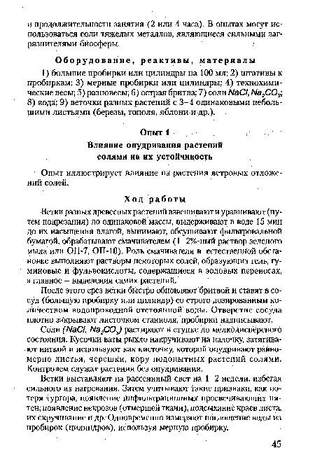 Ветки выставляют на рассеянный свет на 1-2 недели, избегая сильного их нагревания. Затем учитывают такие признаки, как потеря тургора, появление инфильтрационных просвечивающих пятен, появление некрозов (отмершей ткани), подсыхание краев листа, их скручивание и др. Одновременно измеряют поглощение воды из пробирок (цилиндров), используя мерную пробирку.