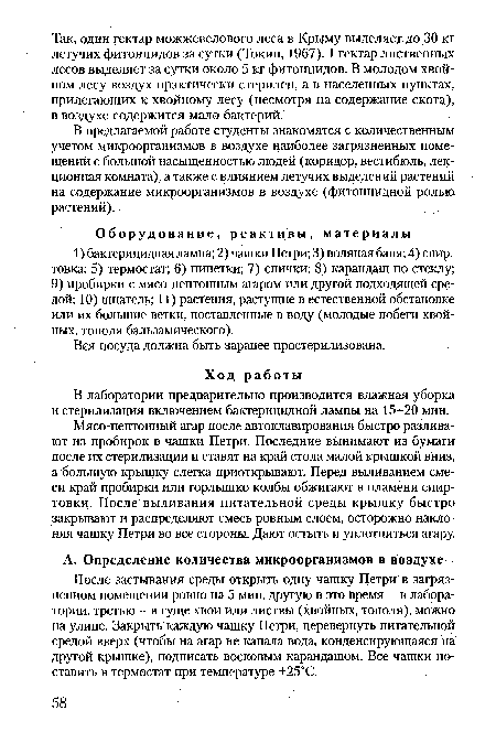 После застывания среды открыть одну чашку Петри в загрязненном помещении ровно на 5 мин, другую в это время - в лаборатории, третью - в гуще хвои или листвы (хвойных, тополя), можно на улице. Закрыть каждую чашку Петри, перевернуть питательной средой вверх (чтобы на агар не капала вода, конденсирующаяся на другой крышке), подписать восковым карандашом. Все чашки поставить в термостат при температуре +25°С.