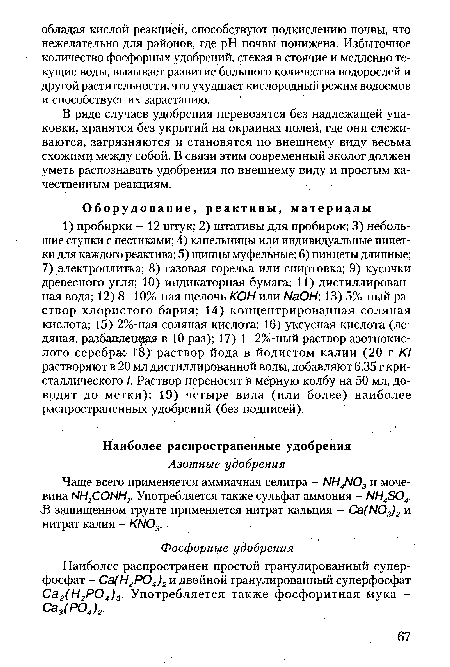 В ряде случаев удобрения перевозятся без надлежащей упаковки, хранятся без укрытий на окраинах полей, где они слеживаются, загрязняются и становятся по внешнему виду весьма схожими между собой. В связи этим современный эколог должен уметь распознавать удобрения по внешнему виду и простым качественным реакциям.