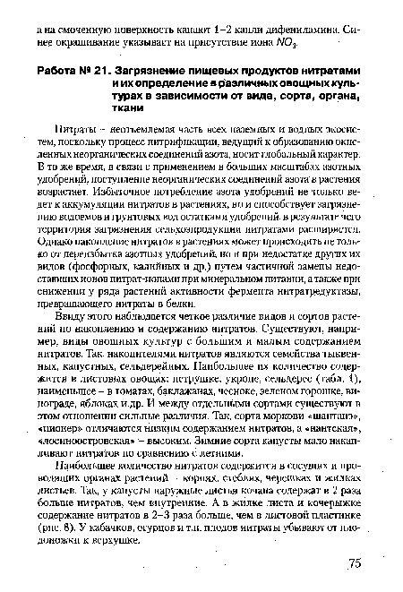 Нитраты - неотъемлемая часть всех наземных и водных экосистем, поскольку процесс нитрификации, ведущий к образованию окисленных неорганических соединений азота, носит глобальный характер. В то же время, в связи с применением в больших масштабах азотных удобрений, поступление неорганических соединений азота в растения возрастает. Избыточное потребление азота удобрений не только ведет к аккумуляции нитратов в растениях, но и способствует загрязнению водоемов и грунтовых вод остатками удобрений, в результате чего территория загрязнения сельхозпродукции нитратами расширяется. Однако накопление нитратов в растениях может происходить не только от переизбытка азотных удобрений, но и при недостатке других их видов (фосфорных, калийных и др.) путем частичной замены недостающих ионов нитрат-ионами при минеральном питании, а также при снижении у ряда растений активности фермента нитратредуктазы, превращающего нитраты в белки.