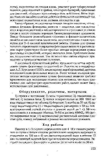 Навеску в 1-3 г сухого перемолотого или 4-10 г свежего растертого в ступке с битым стеклом растительного материала нагревают в стаканчике на 100 мл с 40 мл дистиллированной воды в течение 15 мин на кипящей водяной бане при интенсивном перемешивании. Экстракт охлаждают, фильтруют и доводят до метки в колбе на 50 мл.