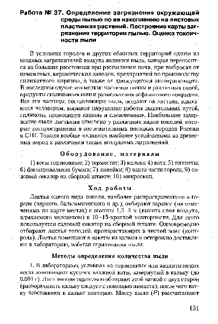 В условиях городов и других обжитых территорий одним из мощных загрязнителей воздуха является пыль, которая переносится на большие расстояния при распылении почв, при выбросах от цементных, керамических заводов, предприятий по производству силикатного кирпича, а также от движущегося автотранспорта. В последнем случае это мелкие частички почвы и различных солей, продукты снашивания шин и размельчения асфальтового покрытия. Все эти частицы, составляющие пыль, оседают на листьях, вдыхаются человеком, вызывая нарушение работы дыхательных путей, силикозы, провоцируя кашель и слезотечение. Наибольшее задержание пыли листьями отмечено у различных видов тополей, которые распространены в озеленительных посадках городов России и СНГ. Тополя вообще являются наиболее устойчивыми из древесных пород к различным типам воздушных загрязнений.