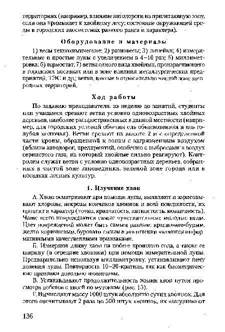 По заданию преподавателя, за неделю до занятий, студенты или учащиеся срезают ветви условно одновозрастных хвойных деревьев, наиболее распространенных в данной местности (например, для городских условий обычны ель обыкновенная и ель голубая колючая). Ветви срезают на высоте 2 м с определенной части кроны, обращенной к зонам с загрязненным воздухом (вблизи автодорог, предприятий, особенно с выбросами в воздух сернистого газа, на который хвойные сильно реагируют). Контролем служат ветви с условно одновозрастных деревьев, собранных в чистой зоне заповедника, зеленой зоне города или в посадках лесных культур.