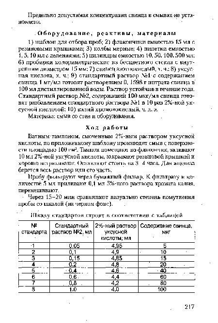 Ватным тампоном, смоченным 2%-ным раствором уксусной кислоты, по приложенному шаблону производят смыв с поверхности площадью 100 см2. Тампон помещают во флакончик, заливают 10 мл 2%-ной уксусной кислоты, закрывают резиновой крышкой и хорошо встряхивают. Оставляют стоять на 3-4 часа. Для анализа берется весь раствор или его часть.