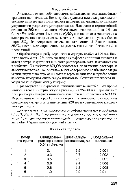 Обработанную пробу переносят в мерную колбу на 100 мл. Вводят в колбу 5 мл 10%-ного раствора сульфосалициловой кислоты и затем нейтрализуют 5 мл 10%-ного раствора аммиака, прибавляя его в избытке. На избыток NH4OH указывает пожелтение раствора и аммиачный запах. После охлаждения содержимое колбы доводят до метки, тщательно перемешивают и через 10 мин после прибавления аммиака измеряют оптическую плотность. Содержание железа находят по калибровочному графику.