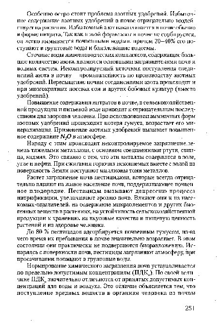 Сточные воды животноводческих комплексов, содержащие большое количество азота, являются основными загрязнителями почв и водных систем. Неконтролируемый источник поступления соединений азота в почву - промышленность по производству азотных удобрений. Пересыщение почвы соединениями азота происходит и при многократных посевах сои и других бобовых культур (вместо удобрений).