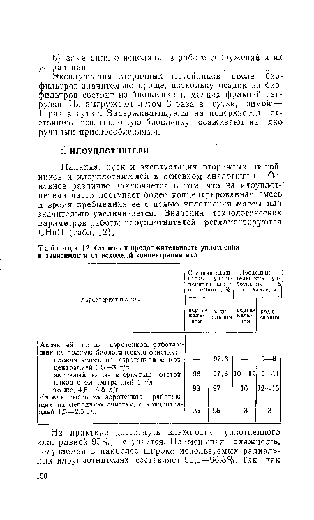 Эксплуатация вторичных отстойников после биофильтров значительно проще, поскольку осадок из биофильтров состоит из биопленки и мелких фракций загрузки. Ил выгружают летом 3 раза в сутки, зимой — 1 раз в сутки. Задерживающуюся на поверхности . отстойника всплывающую биопленку осаживают на дно ручными приспособлениями.