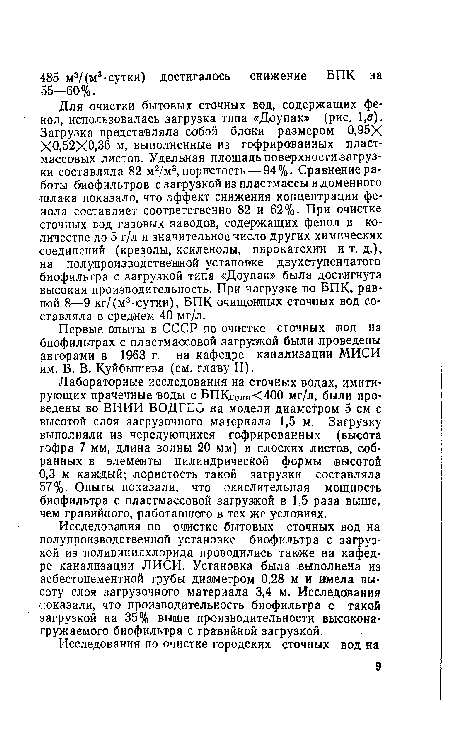 Исследования по очистке бытовых сточных вод на полупроизводственной установке биофильтра с загрузкой из поливинилхлорида проводились также на кафедре канализации ЛИСИ. Установка была .выполнена из асбестоцементной трубы диаметром 0,28 м и имела высоту слоя загрузочного материала 3,4 м. Исследования показали, что производительность биофильтра с такой загрузкой на 35% выше производительности высакона-гружаемого биофильтра с гравийной загрузкой.