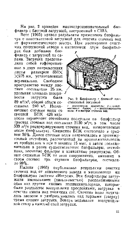 Палени (1966) опубликовал результаты очистки сточных вод от химического завода и маслозавода -на биофильтрах системы «Ингрем». Эти биофильтры загружали несколькими (пятью-шестью) расположенными один над другим слоями поливинилхлорида, которые были разделены воздушными прослойками; загрузка в сечении имела вид пчелиных сот. Сточные воды подавались насосом и разбрызгивались над первыми (сверху) тремя слоями загрузки. Воздух подавался воздуходувкой снизу в каждый слой загрузки.