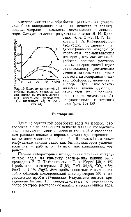 Влияние магнитной обработки водного раствора олеата натрия на степень адсорбции последнего фосфоритом (1), доломитом (2) и кварцем (3).