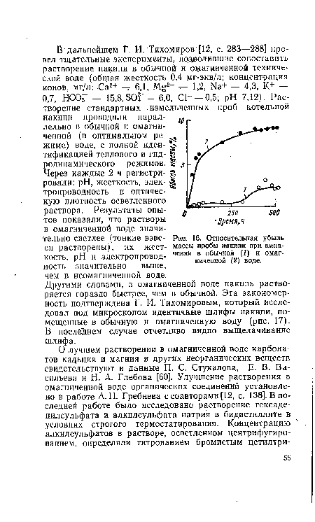 Другими словами, в омагниченной воде накипь растворяется гораздо быстрее, чем в обычной. Эта закономерность подтверждена Г. И. Тихомировым, который исследовал под микроскопом идентичные шлифы накипи, помещенные в обычную и омагниченную воду (рис. 17). В последнем случае отчетливо видно выщелачивание шлифа.