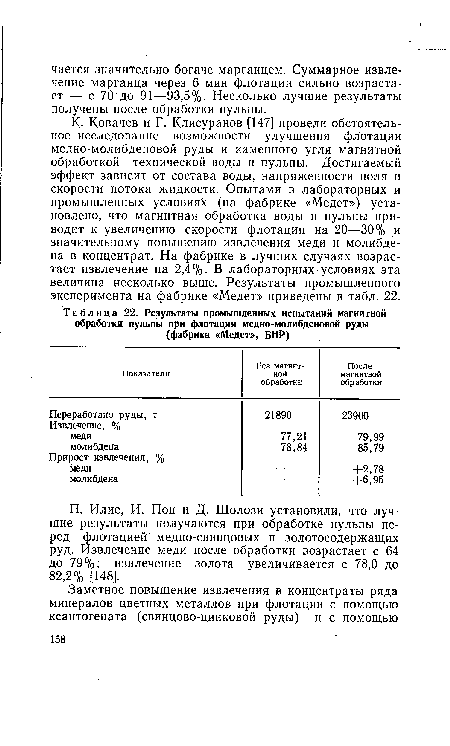 К- Ковачев и Г. Клисуранов ¡[147] провели обстоятельное исследование возможности улучшения флотации медно-молибденовой руды и каменного угля магнитной обработкой технической воды и пульпы. Достигаемый эффект зависит от состава воды, напряженности поля и скорости потока жидкости. Опытами в лабораторных и промышленных условиях (на фабрике «Медет») установлено, что магнитная обработка воды и пульпы приводит к увеличению скорости флотации на 20—30% и значительному повышению извлечения меди и молибдена в концентрат. На фабрике в лучших случаях возрастает извлечение на 2,4%- В лабораторных условиях эта величина несколько выше. Результаты промышленного эксперимента на фабрике «Медет» приведены в табл. 22.