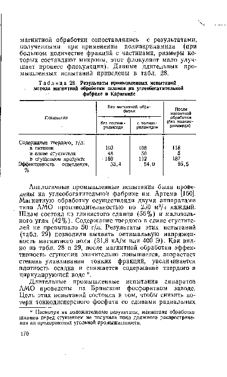 Аналогичные промышленные испытания были проведены на углеобогатительной фабрике им. Артема [160]. Магнитную обработку осуществляли двумя аппаратами типа AMO производительностью по 250 м3/ч каждый. Шлам состоял из глинистого сланца (56%) и малозольного угля (42%). Содержание твердого в сливе сгустителей не превышало 50 г/л. Результаты этих испытаний (табл. 29) позволили выявить оптимальную напряженность магнитного поля (31,8 кА/м или 400 Э). Как видно из табл. 28 и 29, после магнитной обработки эффективность сгущения значительно повышается, возрастает степень улавливания тонких фракций, увеличивается плотность осадка и снижается содержание твердого в циркулирующей воде .