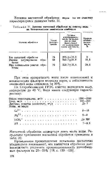 Магнитной обработке подвергали лишь часть воды. Результаты применения магнитной обработки приведены в табл. 32.