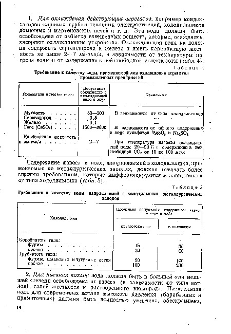 Содержание взвеси в воде, направляемой в холодильники, применяемые на металлургических заводах, должно отвечать более строгим требованиям, которые дифференцируются в зависимости от типа холодильника (табл. б).