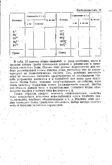 В табл. 10 помимо общих сведений о роде источника, месте и времени отбора пробы приводятся данные о физических и химических свойствах воды. Однако этих данных недостаточно для выбора рациональной схемы очистки воды, поскольку они не характеризуют ее технологических свойств. Так, величина цветности воды не позволяет составить представление об оптим.альном способе устранения цветности и о потребной для этого дозе коагулянта.. Чтобы более надежно запроектировать отстойники, надо знать кинетику осаждения взвеси (осаждаемость взвеси). Знание способности Данной воды к фильтрованию позволяет более обоснованно подойти к выбору типа фильтров и т. д.