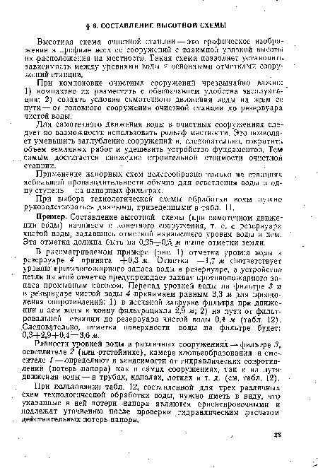 Высотная схема очистной станции — это графическое изображение в профиле всех ее сооружений с взаимной увязкой высоты их расположения на местности. Такая схема позволяет установить зависимость между уровнями воды и основными отметками сооружений станции.