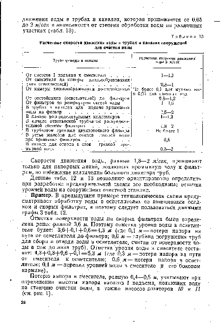 Скорости движения воды, равные 1,8—2 м/сек, принимают только для напорных линий, подающих промывную воду к фильтрам, во избежание назначения большого диаметра труб.