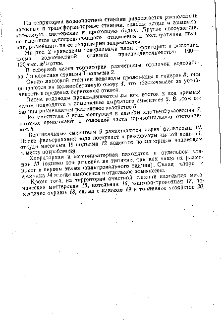 На рис. 2 приведены генеральный план территории и высотная схема водоочистной станции производительностью 100— 120 тыс. м3/сутки.