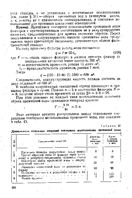 Пример. Принимаем повторное использование промывной воды фильтров с кратковременным отстаиванием ее в аккумулирующих емкостях, предназначенных для приема залповых сбросов. Перед поступлением в аккумулирующие емкости промывная вода пропускается через простейшую песколовку, устраиваемую вблизи фильтровальной станции.