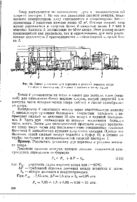 Компрессор 6 засасывает воздух через очистительную колонку 7, заполненную кусковым безводным хлористым кальцием, и направляет сжатый до давления 12 ати воздух в водяной холодильник 8. Здесь при охлаждении из воздуха выделяется большая часть влаги. Затем для окончательной просушки воздух пропускают снизу вверх через ряд последовательно соединенных стальных баллонов 9, заполненных кусками хлористого кальция. Пройдя эти баллоны, сухой сжатый воздух подается в буфер 10, а отсюда по трубке поступает ,к железнодорожной хлорной цистерне 1.